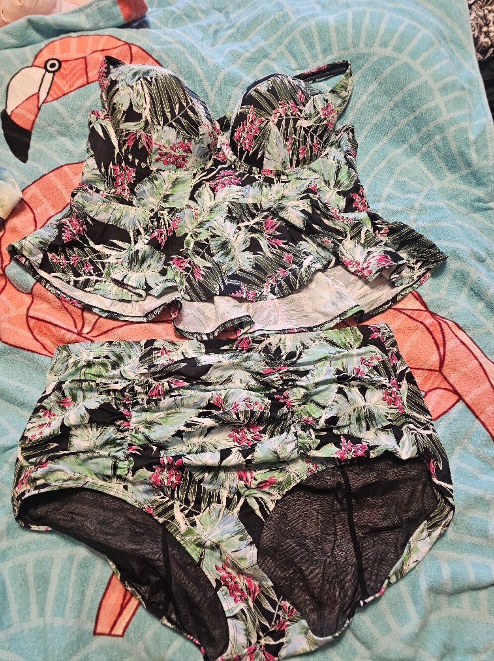torrid Black Tropical Swim Suit with Green Leaves & Pink Blooms